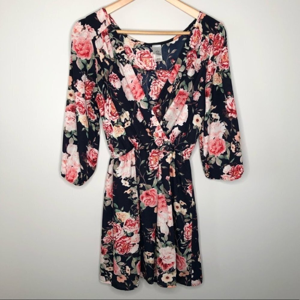 COCO Avante  Navy and Floral Print Long Sleeve Mini Dress‎ Size Medium